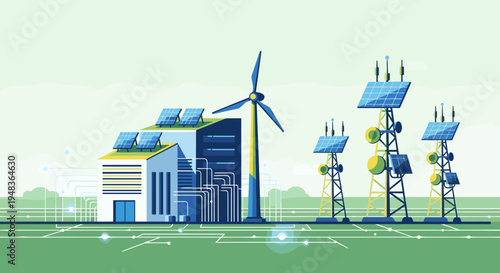 Building with solar panels, wind turbine, and communication towers.