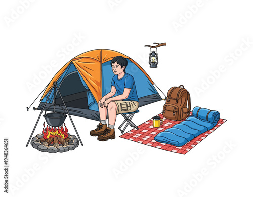 A young person sits on a stool next to a campfire and tent, enjoying a camping trip with a backpack and sleeping bag