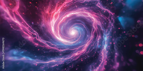 An abstract spiral galaxy illustration featuring a glowing purple and blue fractal vortex pattern with spinning stars and a light swirl design on a dark space background