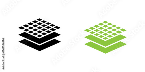 Collection of layered stack icons in outline and solid styles representing data layers, system architecture, digital structure, and software development concepts.