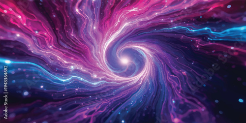Vibrant abstract fractal background featuring a purple galaxy spiral and violet space vortex with pink stars and a swirl pattern texture for an artistic universe wallpaper design