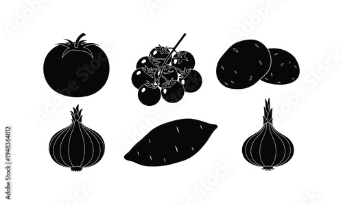Illustrations of various black vegetables and fruits including tomatoes and onions