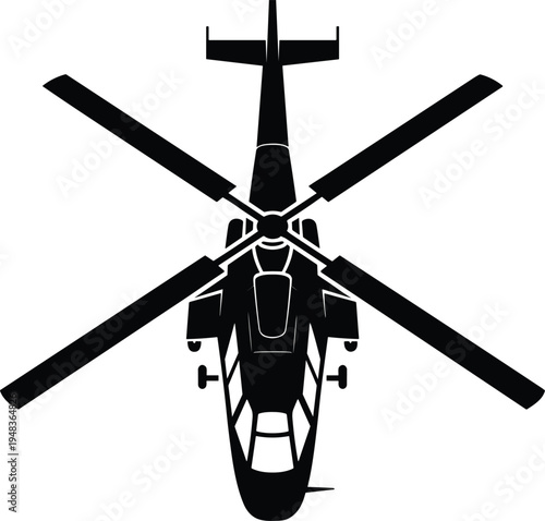 Military attack helicopter silhouette from top view featuring detailed rotor blades and cockpit for aviation and defense industry designs.