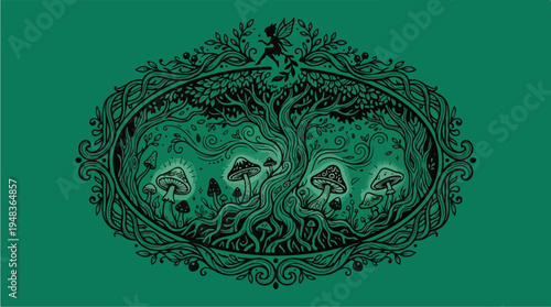 Enchanted Forest Tree of Life with Glowing Mushrooms and Mystical Creatures.