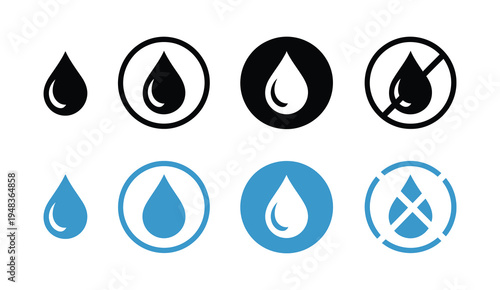 No Water Drop Vector Icon, Black And Blue Water Drop Symbols Inside Circular Design, Representing Waterproof Or Water-Restricted Areas, Ideal For Safety Signage, Product Labels, And Instruction Manual