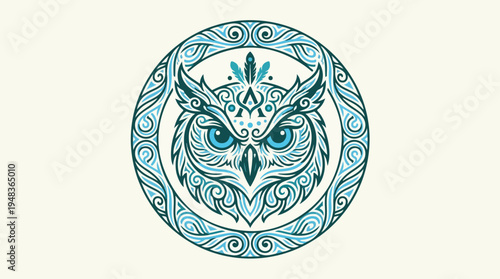 Intricate Owl Emblem with Tribal Patterns in Blue Hues.