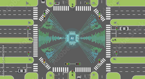 An AI chip at a four-way intersection manages traffic with radiating data waves.