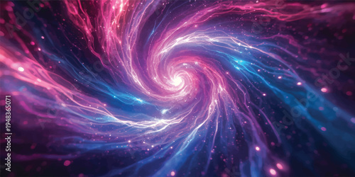 An abstract purple and blue spiral galaxy design featuring a digital vortex of glowing energy and colorful light patterns on a black starry space wallpaper