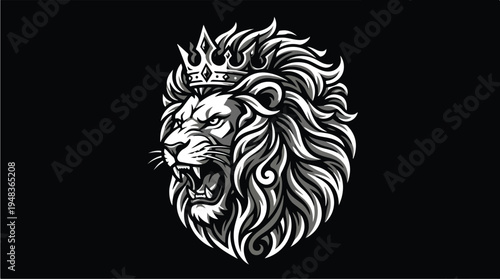 Majestic Lion King Crowned Fierce Roaring Head Illustration.