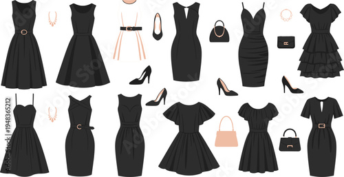 Elegant Little Black Dresses and Accessories Illustration Set with Heels, Handbags, and Jewelry