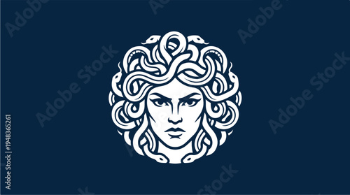 Medusa Head Logo Design White Outline Dark Blue Background.