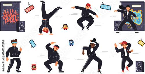 Hip-Hop Dance Illustration Set with Breakdancers, Street Art, Music, and Urban Fashion in Dynamic Poses