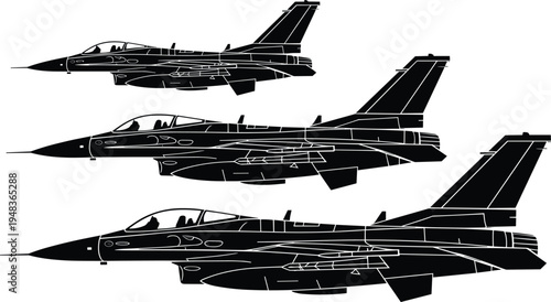 Military fighter jet aircraft vector set featuring detailed black silhouettes of supersonic airplanes for air force defense and aviation industry designs. (20 words)