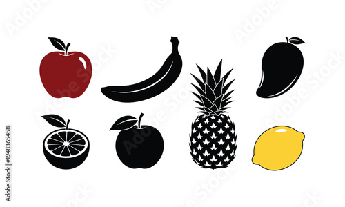 Colorful and monochrome illustrations of various tropical and common fruits