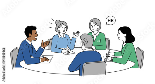Five diverse business professionals are seated around an oval table, actively engaged in an animated discussion during a meeting.