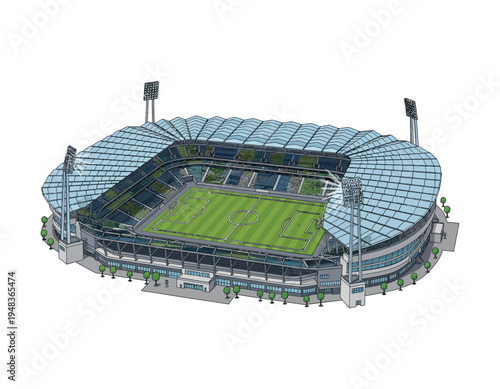 Modern sports arena illustration with a stadium, green field, stands, and bright lighting, ideal for event promotions or sporting graphics