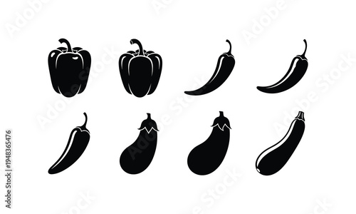 Illustrations of various types of peppers and eggplants in black and white