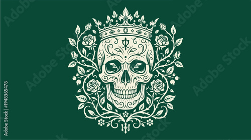 Ornate Skull Crowned with Roses and Regal Adornments.