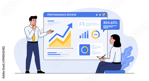 A male presenter stands next to a large digital screen showcasing a detailed performance review dashboard to a female note-taker.