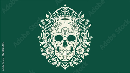 Ornate Skull Crowned with Royal Regalia and Floral Embellishments.