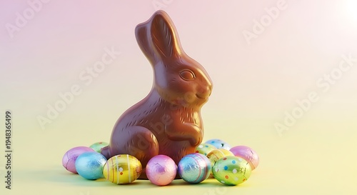A chocolate Easter bunny sits surrounded by colorful eggs on a pastel background