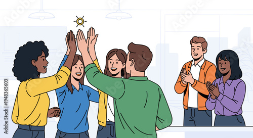 Five diverse colleagues high-fiving and clapping in a modern office.