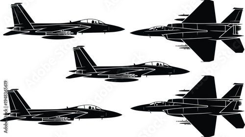 Military fighter jet silhouette set featuring side view and three quarter view profiles of combat aircraft isolated on white background