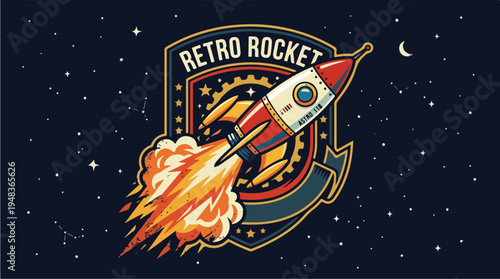 Retro Rocket Launching into Starry Night Sky.