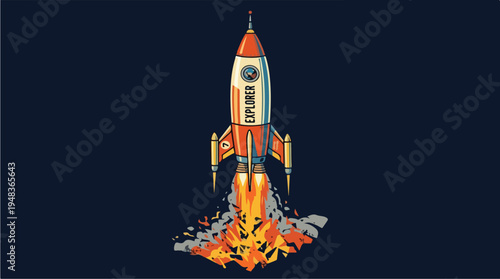 Retro Rocket Launching into Space with Fiery Exhaust.