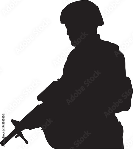 Soldier silhouette with weapon and tactical gear for military mission and defense service concepts