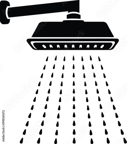 A black icon illustration of a shower head spraying water droplets in a bathroom setting