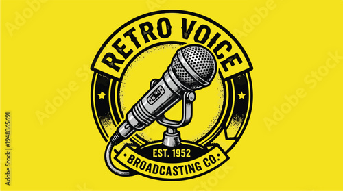 Retro Voice Broadcasting Company Vintage Microphone Logo.