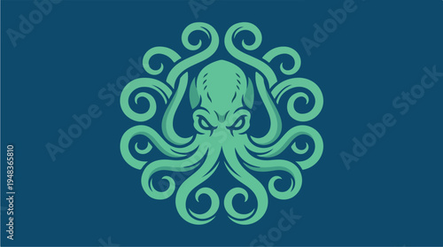 Stylized Green Octopus Illustration with Swirling Tentacles.