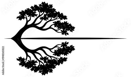 Inclined tree silhouette with water reflection black and white nature vector design