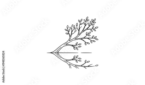 Leaning tree with water reflection minimalist black and white nature vector illustration