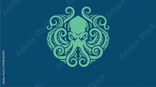 Stylized Kraken Octopus Head with Tentacles Emblem.