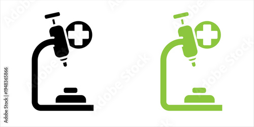 Solid icon SET. of a microscope with medical cross symbol representing laboratory research, healthcare diagnostics, scientific analysis, and medical testing concepts.