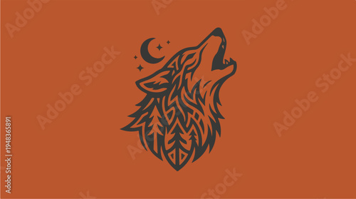 Stylized Wolf Howling at Moon and Stars Illustration.