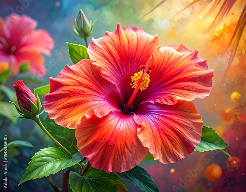Vibrant hibiscus bloom, pink to orange petals, yellow stamen, green leaves against a colorful, blurred backdrop