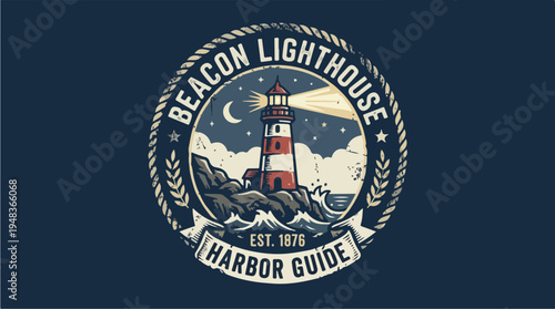 Vintage Beacon Lighthouse Harbor Guide Emblem.