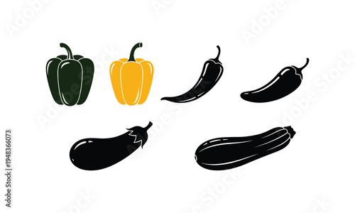 Illustrations of various types of peppers and eggplants in black and yellow colors