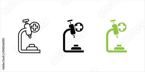 Solid icon SET. of a microscope with medical cross symbol representing laboratory research, healthcare diagnostics, scientific analysis, and medical testing concepts.