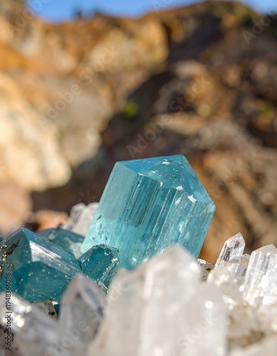 Aquamarine crystal cluster with a blurred rocky backdrop, under sunlight