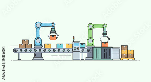 Two robotic arms process boxes on a conveyor belt in an automated factory.