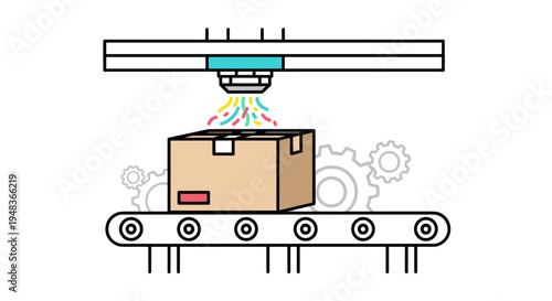 An overhead machine applies colorful elements to a box on a conveyor belt.