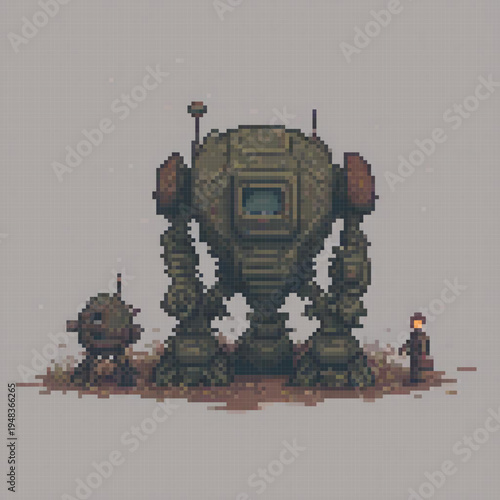 A humanoid robot stands next to two smaller robots, with a man standing nearby. The robot has a large screen and a clock, and the scene appears to be pixelated.