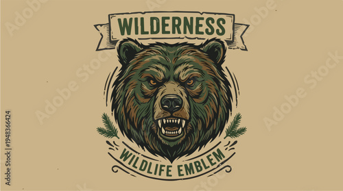Vintage Wilderness Wildlife Emblem with Fierce Bear Illustration.