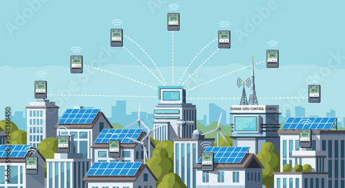 Smart meters connect to a power grid control center in a city.