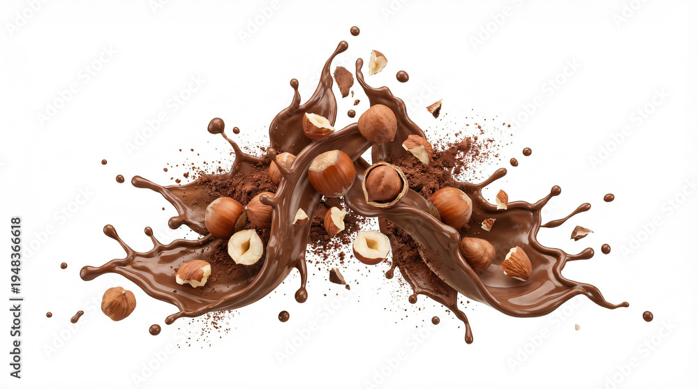 Fototapeta premium Dynamic Hazelnut and Cocoa Powder Splash with Chocolate Wave