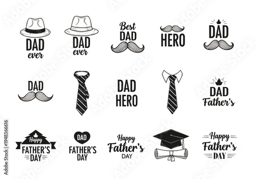 Collection of fathers day icons and typography